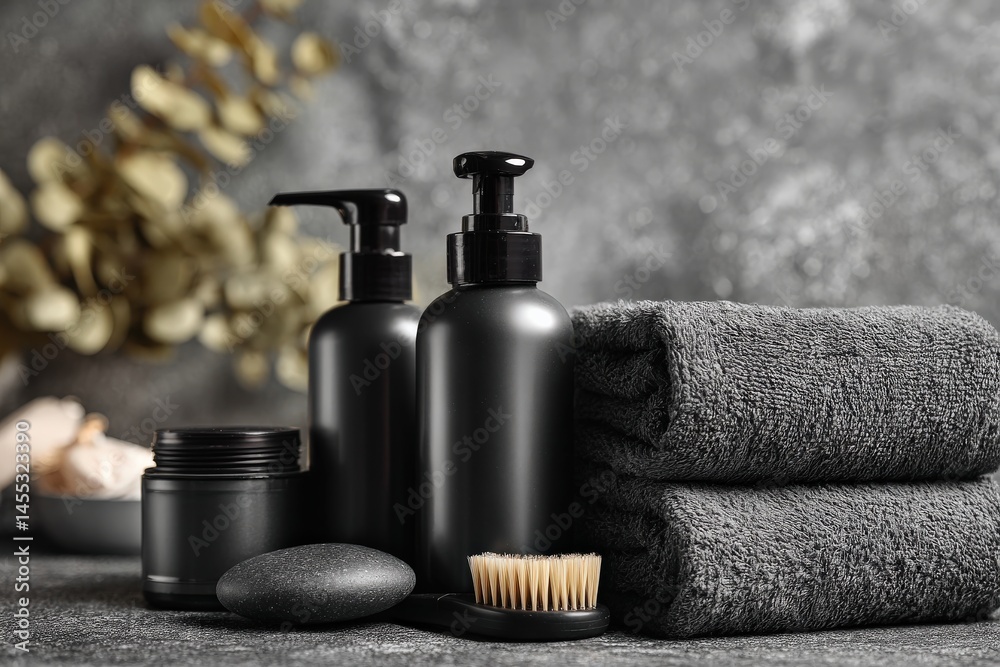 Spa-like setting with dark-colored toiletries, towels, and a smooth stone. Serene and sophisticated.