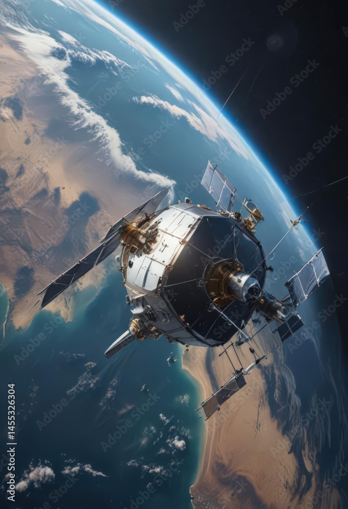 High-tech satellite orbiting Earth, internet antenna visible, celestial, communication High-tech satellite orbiting Earth, internet antenna visible, celestial, communication