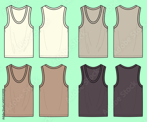 Tank top bundle set technical drawing fashion flat sketch vector illustration template front and back views outline CAD mockup