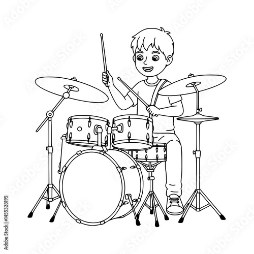 young man playing drum. coloring page