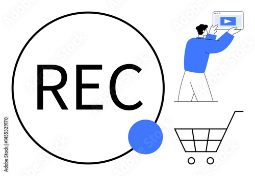 Circular REC icon, person holding video screen, shopping cart. Ideal for content creation, digital ads, e-commerce, tutorials, marketing, tech tools simple landing page