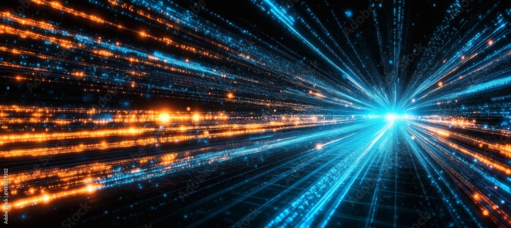 Naklejka premium Futuristic light trails on dark road representing artificial intelligence, smart computing, and fast data transport 