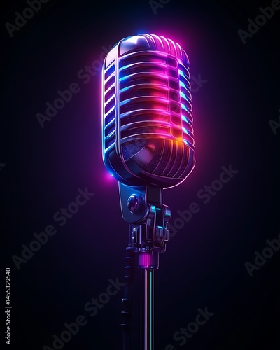 A vintage microphone glows with vibrant neon colors in darkness
