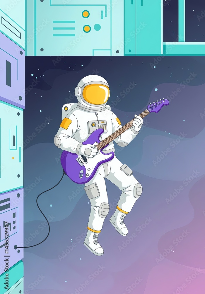 Naklejka premium Astronaut playing electric guitar in space near a futuristic station