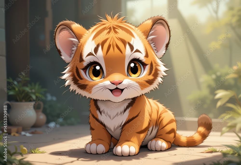 Fototapeta premium Cute Tiger Cub Sitting Outdoors with Big Eyes Smiling