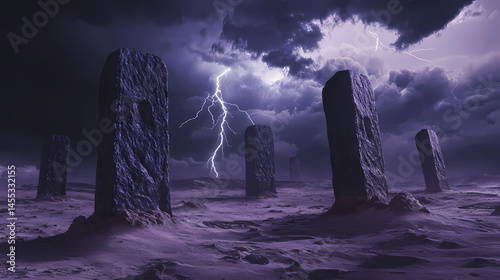 Mysterious stone monoliths on a desolate planet with lightning. [Hollow Monoliths] | Storm Monoliths | skyward stone. Illustration