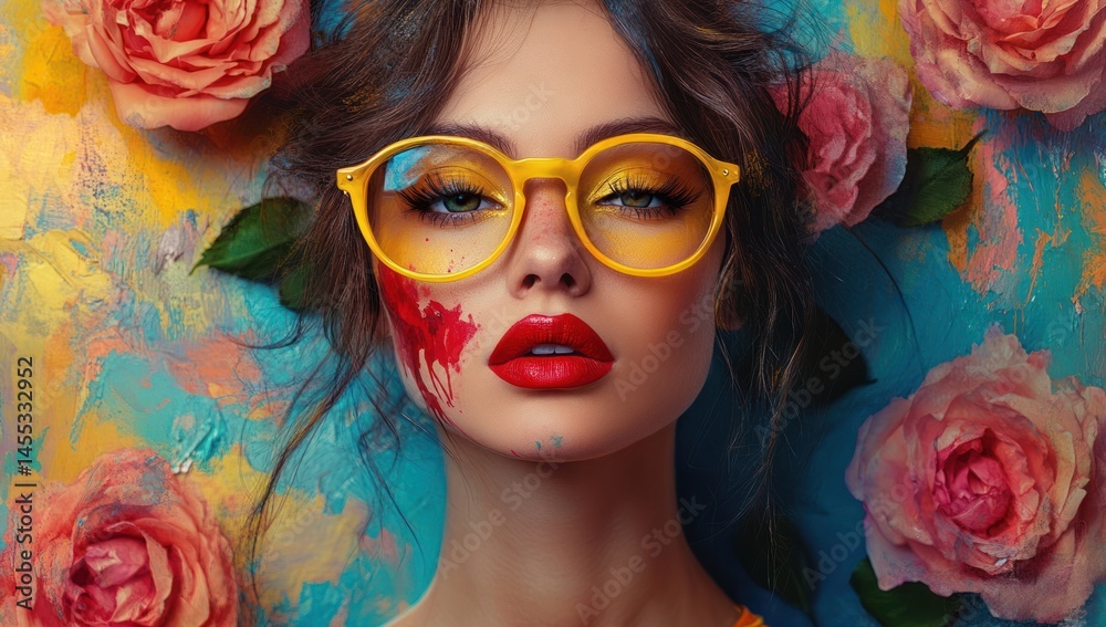 Fototapeta premium portrait of a young woman with red lips and yellow glasses surrounded by roses conveying artistic expression and vibrant femininity