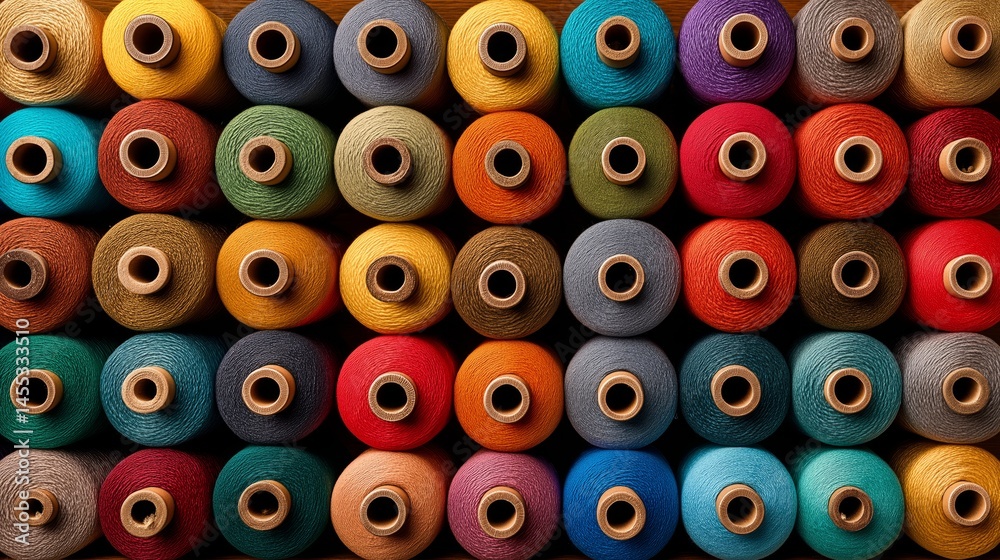 Fototapeta premium Threads of Creation: A vibrant display of spools of colorful thread, arranged in perfect rows, embodies the essence of creativity, craft, and artistry. A testament to the beauty in detail.