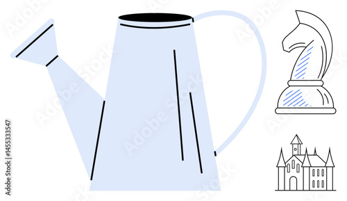 Large watering can paired with minimalist knight chess piece and castle outline. Ideal for strategy, growth, creativity, imagination, planning, sustainability, education. Flat simple metaphor