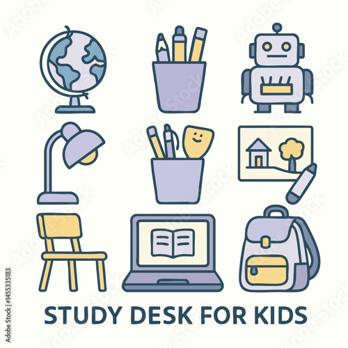 Colorful study desk for kids featuring globe, robot, lamp, and school supplies