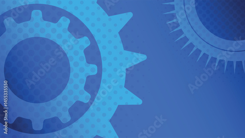 Bright blue background featuring large mechanical gears and dotted halftone pattern perfect for engineering technology innovation and industrial digital designs