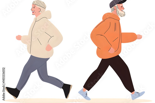 Illustration of Two Elderly Men Walking with Transparent Isolated Background