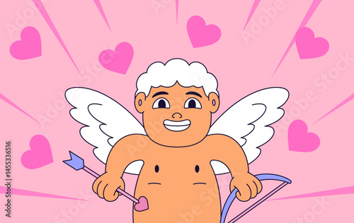 Cupid with white wings and curly hair smiles brightly while holding a bow and heart-tipped arrow cartoon vector hand drawn illustration against a pink background with radiating hearts