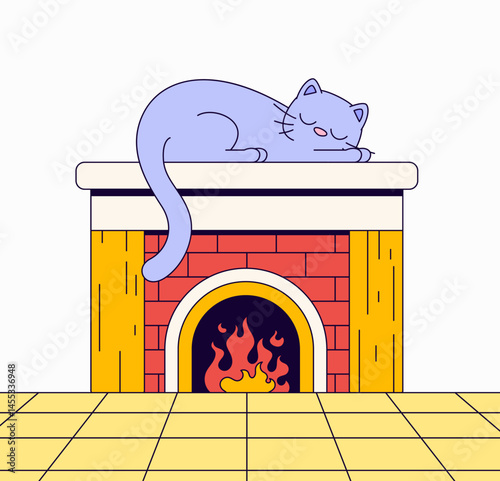 Cat peacefully sleeping atop a brick fireplace with a burning fire below cartoon vector hand drawn illustration for themes of home, relaxation