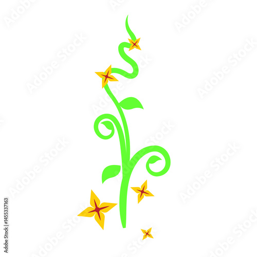 A gracefully curved green vine with five yellow flowers featuring red centers and vibrant leaves, designed in a flowing artistic style. Perfect for botanical, nature, and decorative projects.