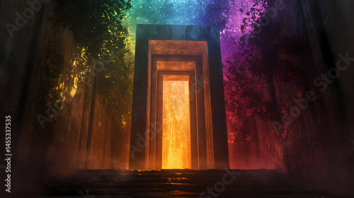 Mystical doorway illuminated in vibrant colors. [Hollow Monoliths] | Phantom Pillars | vanished might. Illustration
