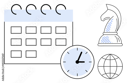 Calendar, clock, chess knight, and globe represent time management, strategy, and global thinking. Ideal for planning, organization, productivity education business goal setting flat simple
