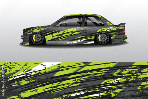 Sporty car design with bold graphics on a gray background