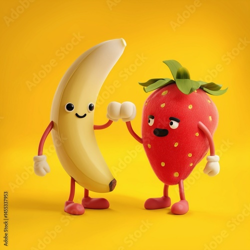 Banana and Strawberry Cartoon Characters Fist Bump on Yellow Background