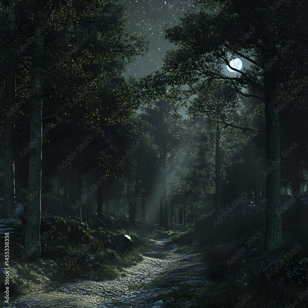 Fototapeta premium Enchanted Nocturnal Symphony: A Serene Journey Through the Whispering Night Forest