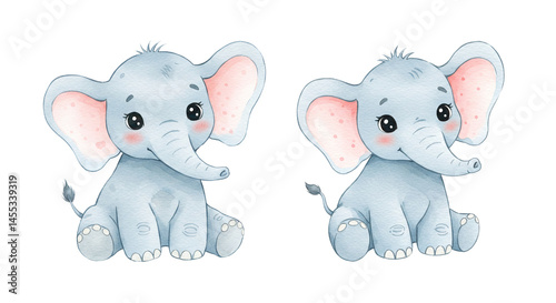 Cute Baby Elephants Sitting Cartoon Illustration