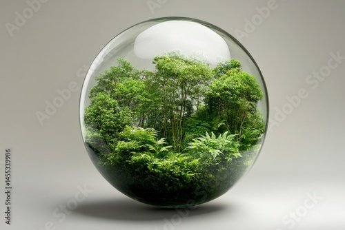 Miniature lush forest ecosystem sealed inside a transparent glass sphere on neutral background photo