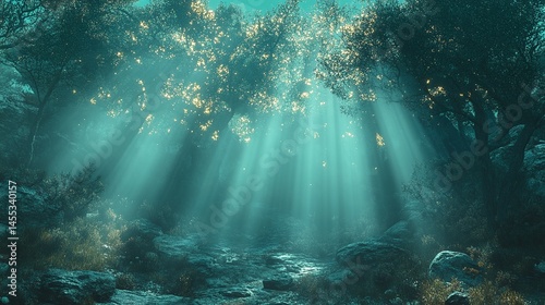 Generative AI Image of Dense Trees in Forest Nature Landscape with Fog and Sunlight