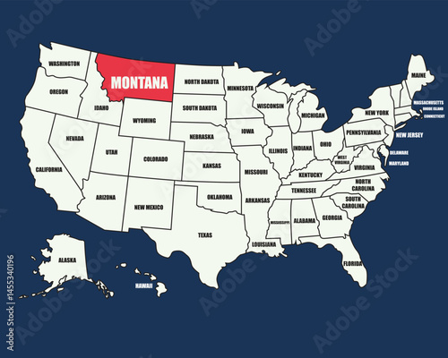 Colorful USA map with labeled states, highlighting Montana, perfect for geography, education, and travel themes