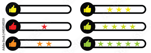 star feedback icon, 5 stars feedback, review stars. Customer review rating with 5 stars and thumb up feedback. Five star rating badge, review rating icon. A minimalistic five-star rating. EPS 10. 