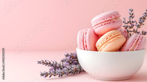 Pastel Pink and Peach Macarons in White Bowl with Lavender