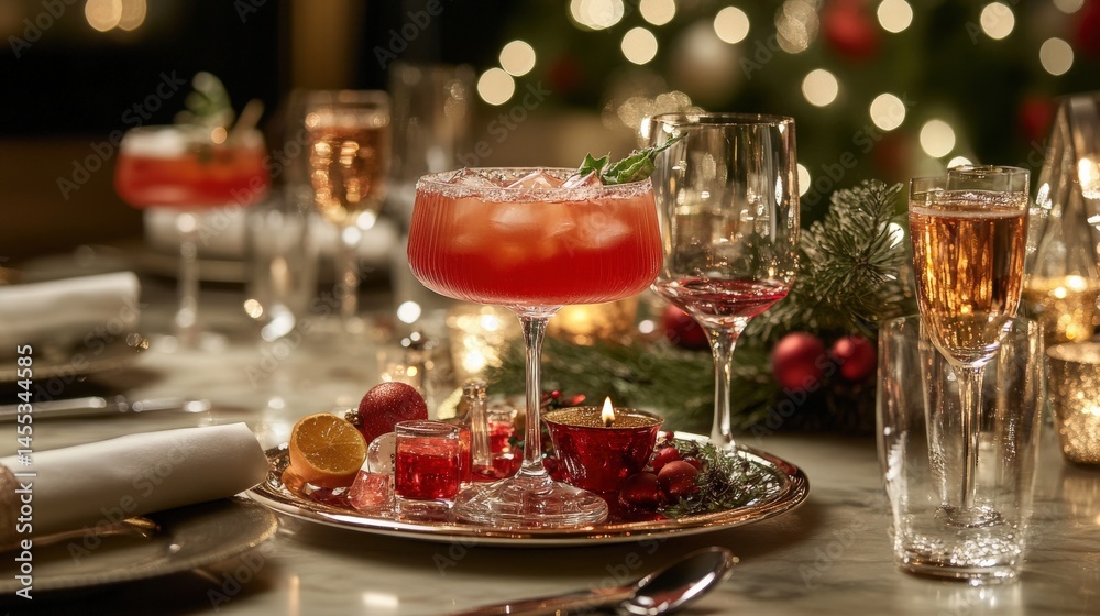 Naklejka premium Festive Christmas cocktails on a decorated dinner table.