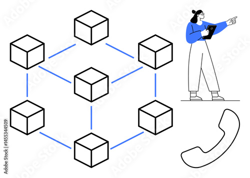 Connected cubes form a network, woman with a clipboard points, phone icon present. Ideal for blockchain, communication, teamwork, logistics, technology, analytics simple landing page