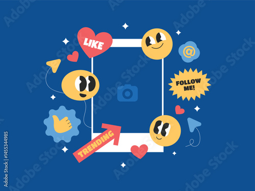 Trending and viral social media post concept with photo frame, stickers, and emoji character.