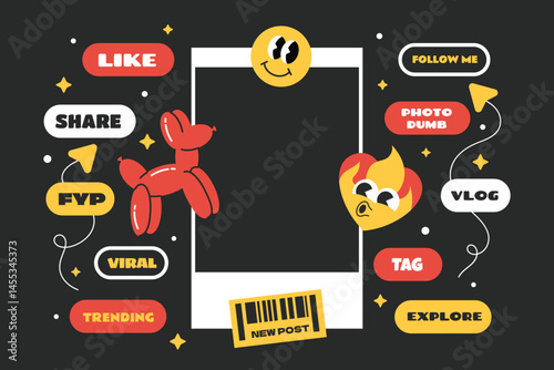 Trending and viral social media post concept with photo frame, stickers, and emoji character.