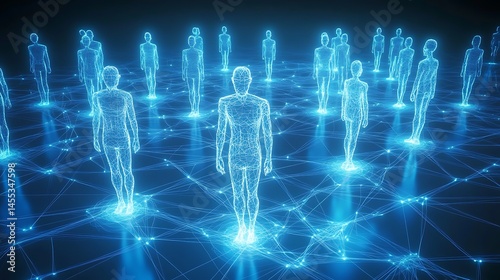 Glowing neon human wireframes stand over interconnected nodes in a futuristic technological landscape
