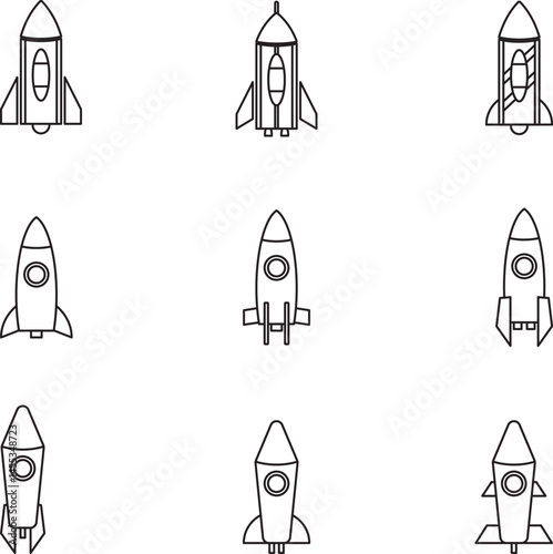 Collection of 9 minimalist line-art rocket icons in black and white, ideal for startup, innovation, space, and tech design themes.