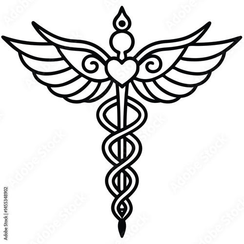 Caduceus Medical Symbol vector Silhouette illustration Ornate caduceus with flourished wings in line art
