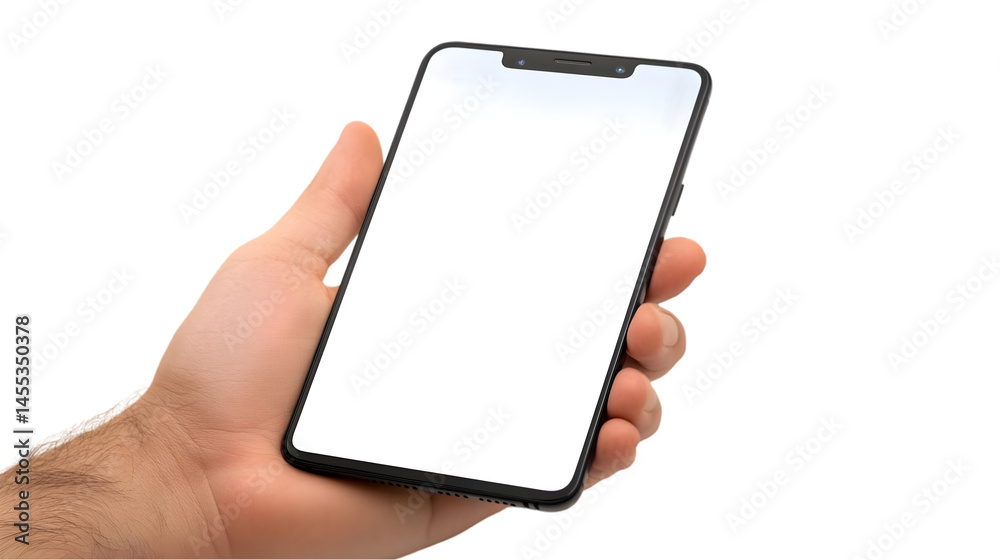Photo of Human Hand Holding a Black Smartphone with White Screen Isolated Photo of Human Hand Holding a Black Smartphone with White Screen Isolated