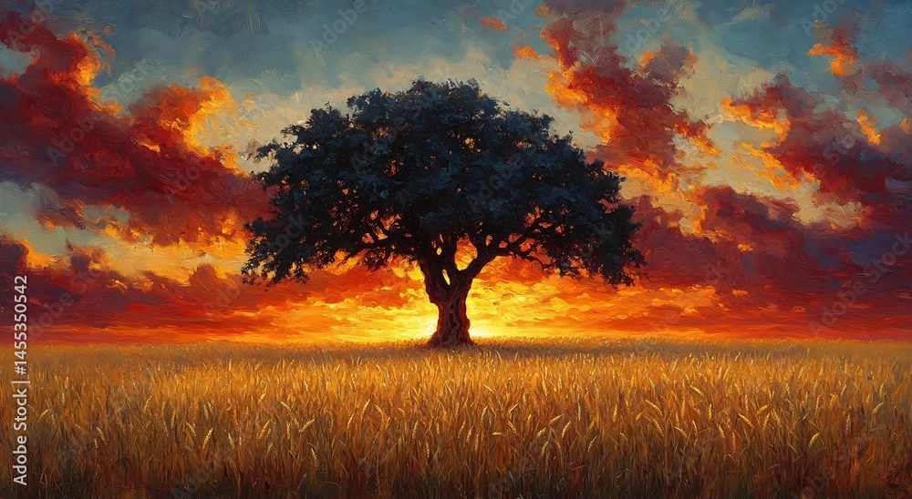 Fototapeta premium Majestic redwood in golden wheat under fiery sunset. Impressionistic art for nature designs, scenic backgrounds, autumn themes, resilience concepts. Serene, awe-inspiring.
