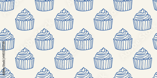 Detailed blue line art of cupcakes displayed in a repeating pattern on a light background