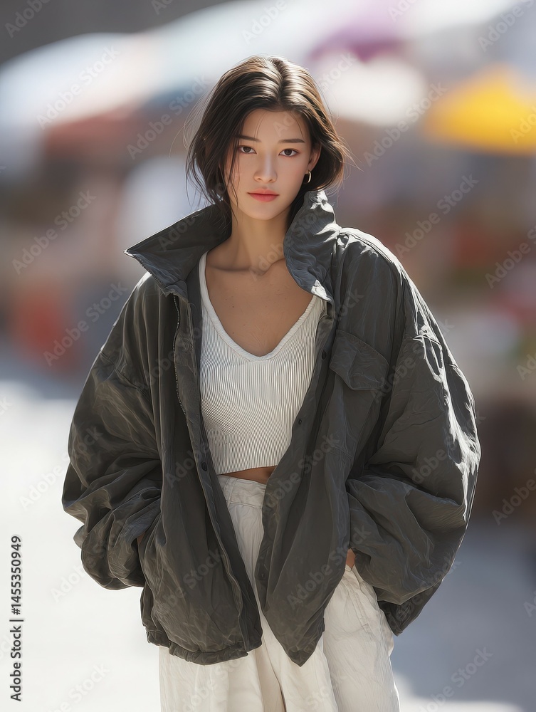 Fototapeta premium Casual Korean Model in Stylish Outdoor Setting