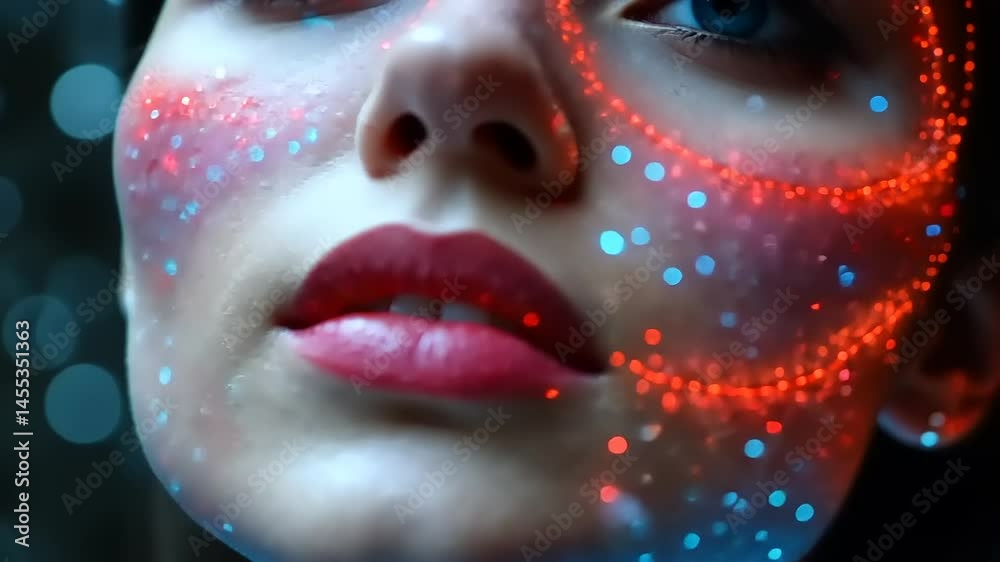 Close-up of a woman's face with glowing, colorful designs