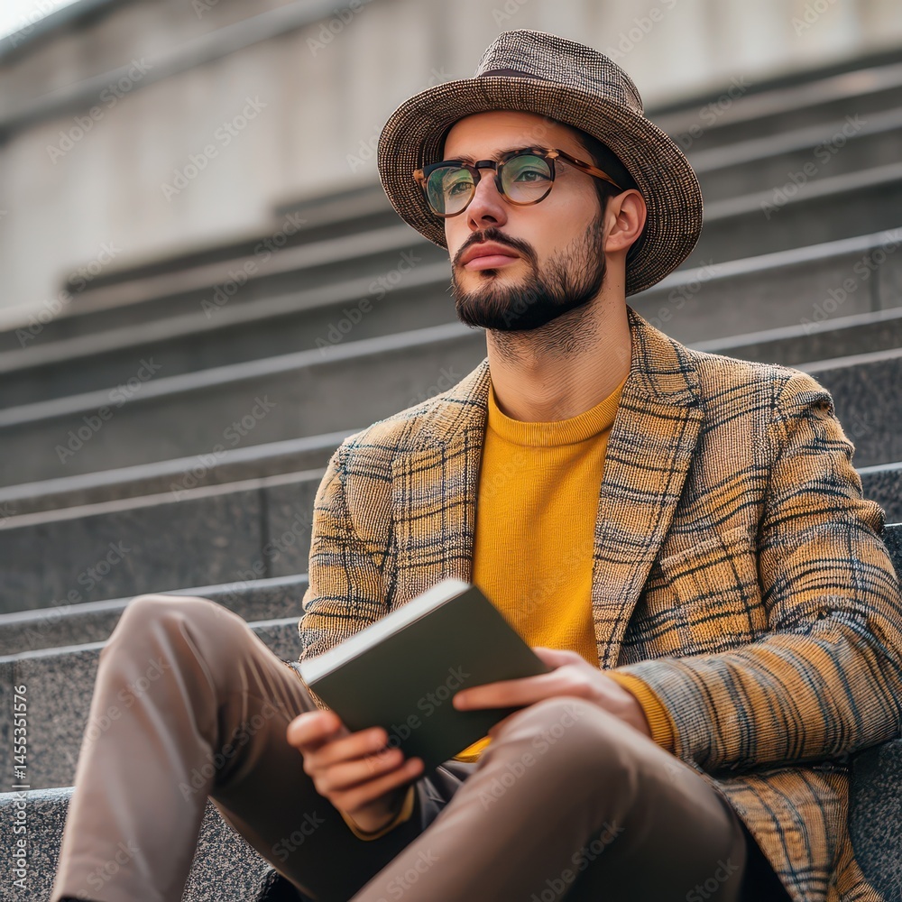 Obraz premium Young man reading on outdoor stairs in autumn