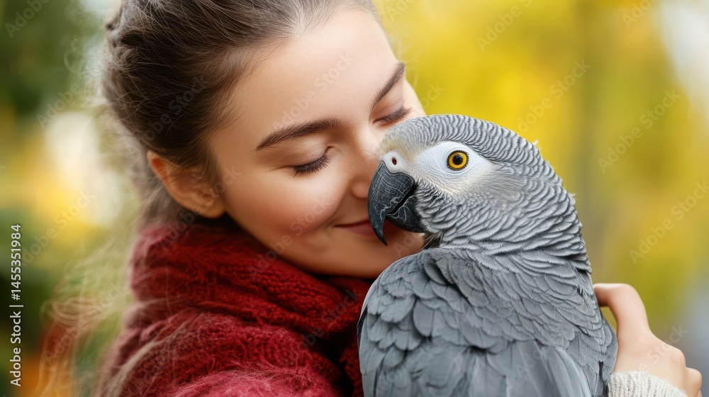 Fototapeta premium Young Woman Gently Holds African Grey Parrot in Autumn