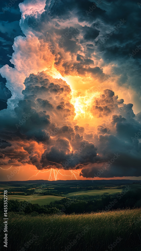 Fototapeta premium Majestic Symphony of Thunder: Lightning Dances Beneath Looming Storm Clouds Over Peaceful Meadow