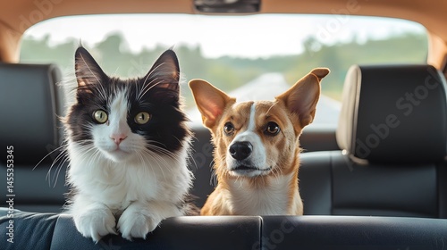 Cat and Dog on a Road Trip: A cat and dog sitting in the backseat of a car, enjoying a scenic road trip. 
