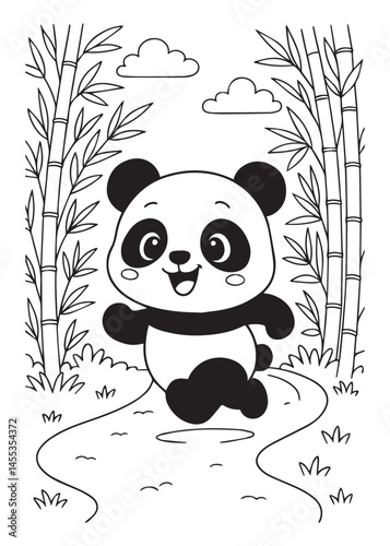 Coloring book kawaii panda happily runs along a path through a bamboo forest