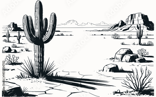 Hand-Sketched Black and White Ink Drawing of Arizona Desert with Western Mood, Cacti, Mountains, and Cracked Ground