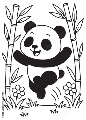 Coloring book panda joyfully leaps amongst bamboo and flowers. Adorable line art for coloring education kid