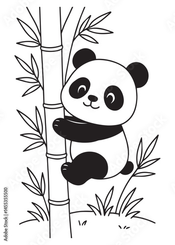 Coloring book  panda happily climbs a stalk of bamboo. Adorable line art for coloring creative kid